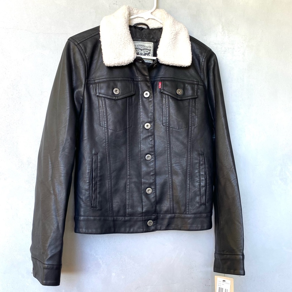 LEVIS Black Vegan Moto Leather Jacket Coat with Removable Shearling Collar